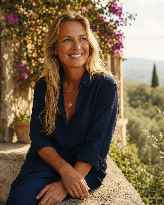 A woman in golden-hour light with healthy, luminous skin, glow as vitality, not a before-and-after