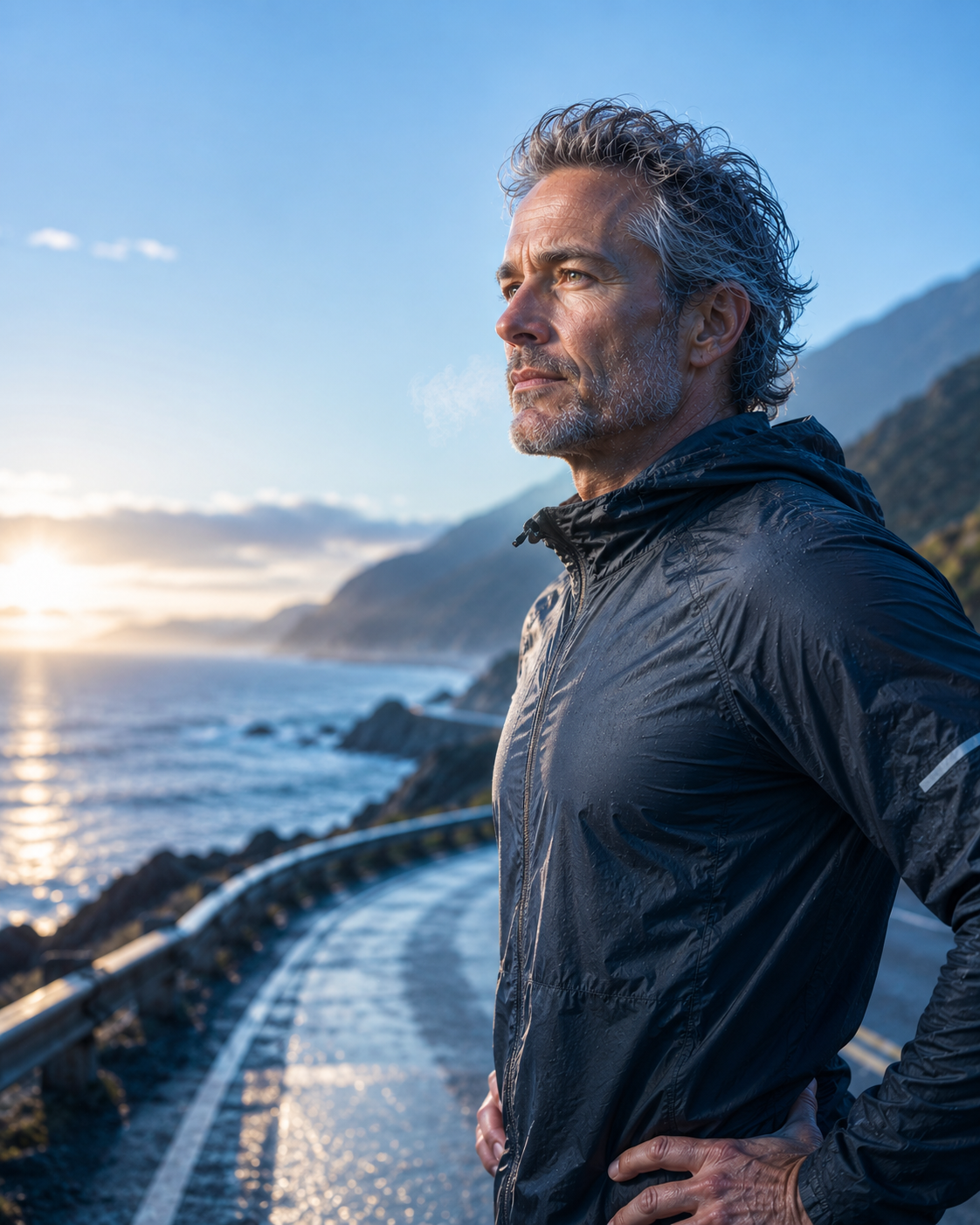 A vital, capable person in cool blue-hour light, healthspan and precision, aging well on their own terms