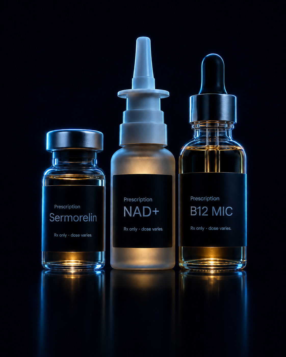 Prescription Sermorelin, NAD+, and B12 MIC vials lit on black