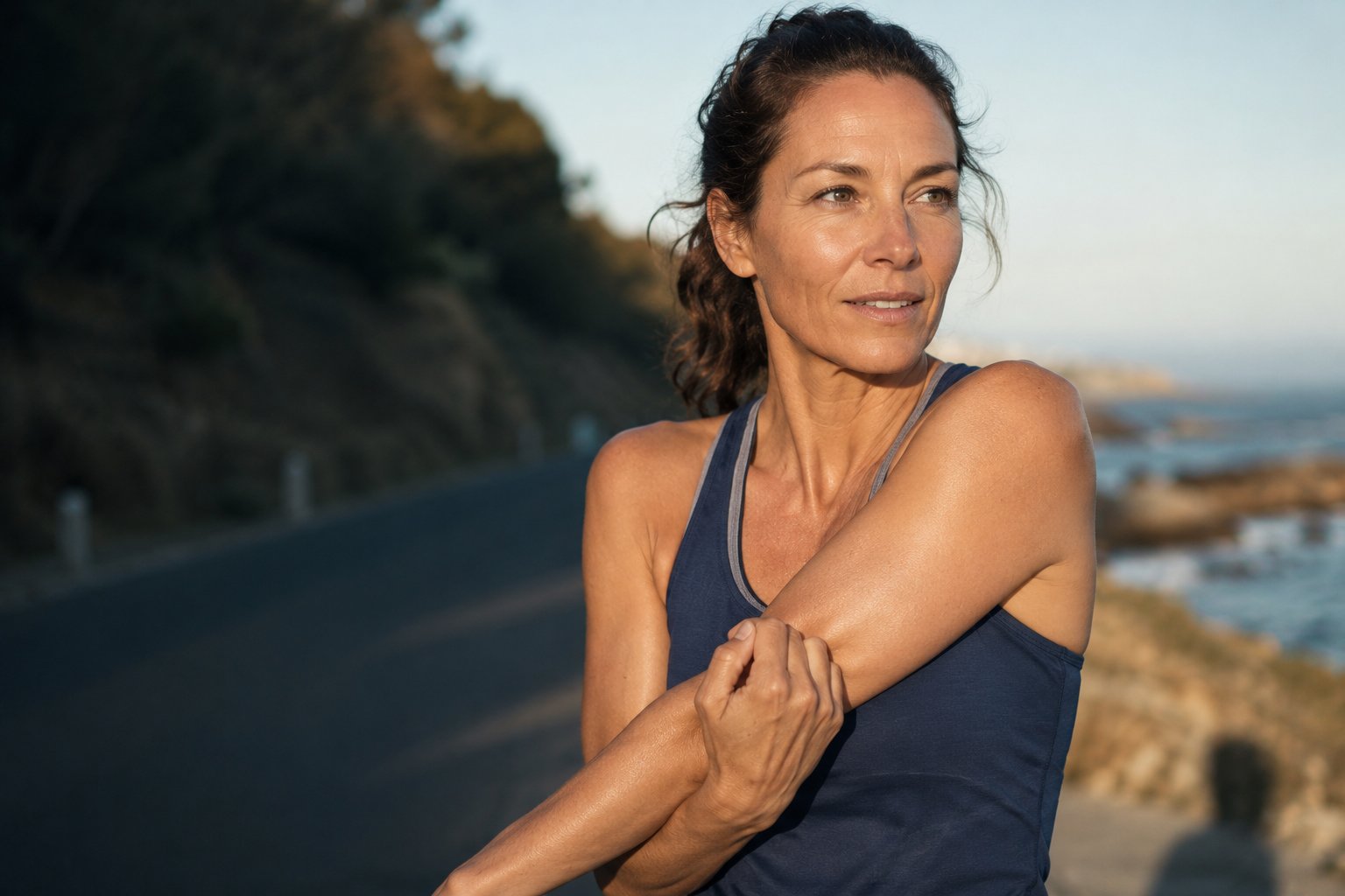 An active adult mid-movement in cool light, energized and capable
