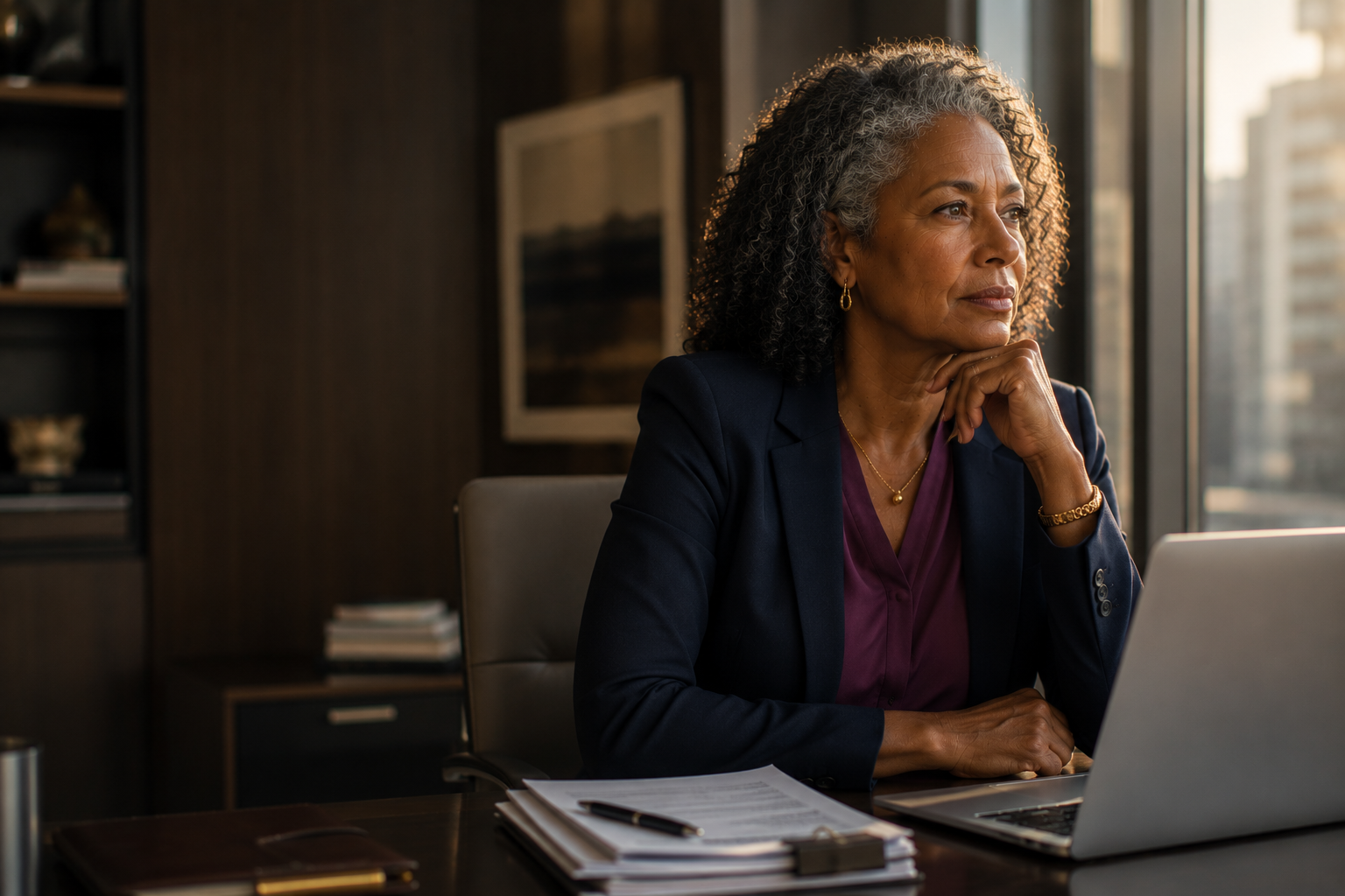A Black woman in her late 50s at her desk in warm light, composed and thoughtful