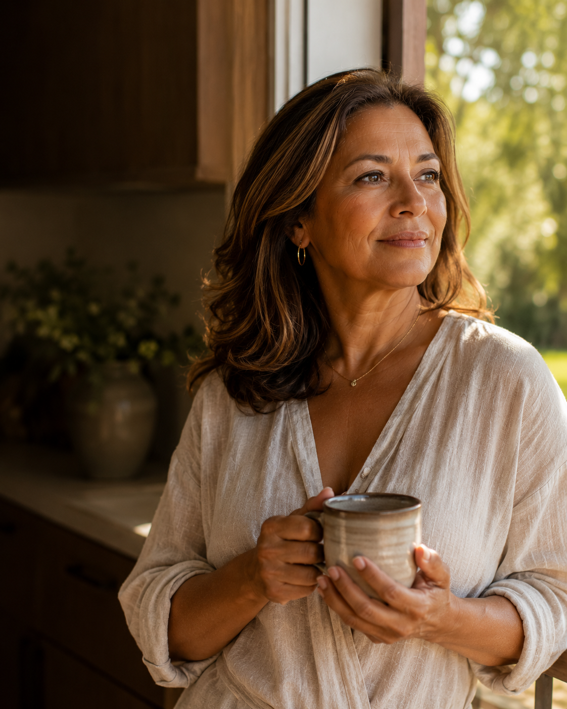 A Latina woman in her late 50s, clear-eyed and rested with a morning coffee in golden-hour light
