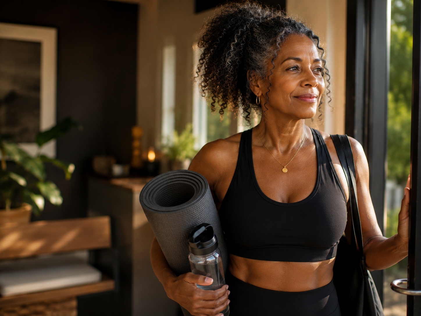 A Black woman in her late 50s heading out with a yoga mat in warm morning light, energy restored