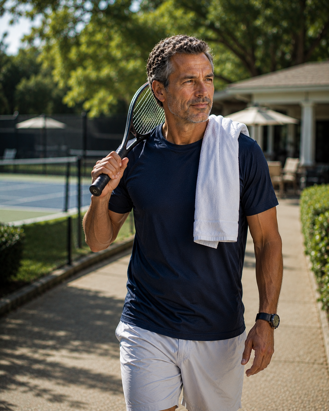 A capable man 40–55, focused and active in cool light, operator register, not gym-bro