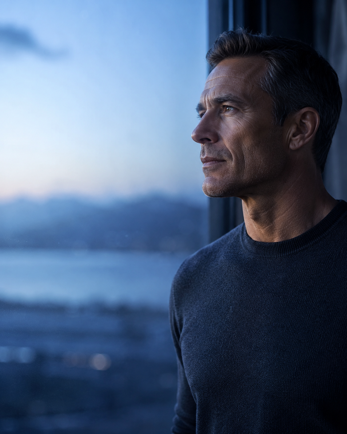 A capable man 42–55 in cool blue-hour light, focused and in control