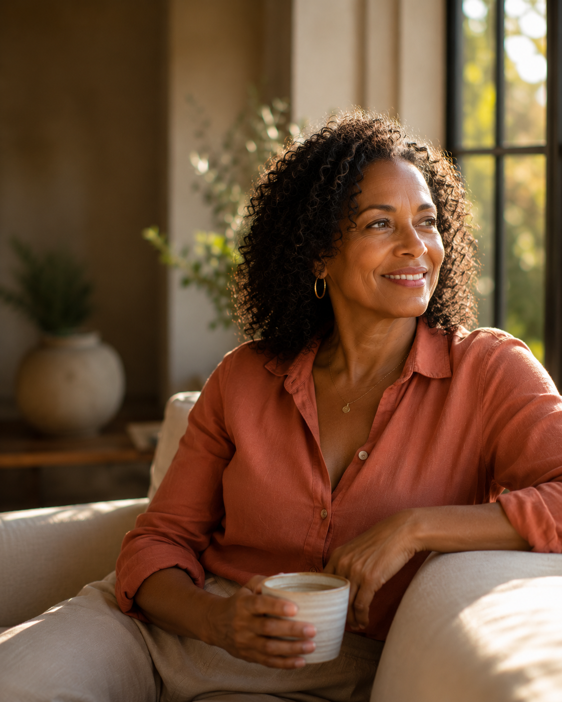 A Black woman in her early 50s at ease on a sunlit sofa with a warm drink, the Metabolic Reset protocol