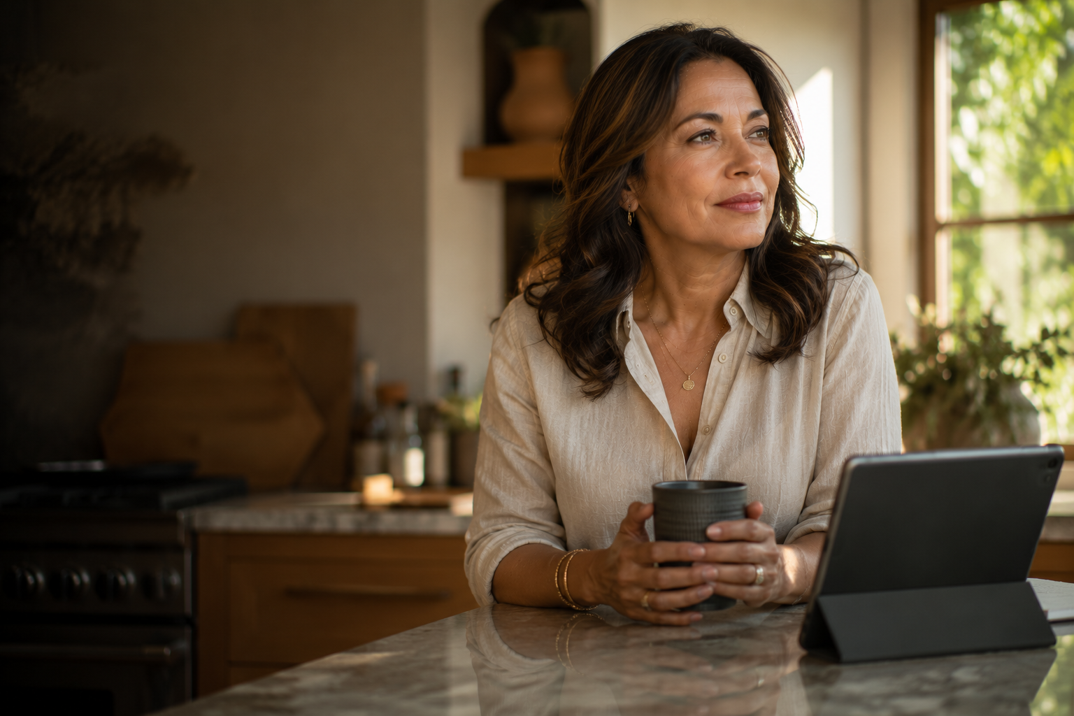 A discerning Latina woman in her early 50s in an elevated kitchen with a tablet, composed and in control