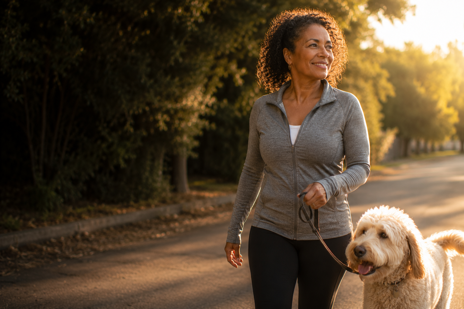 A Black woman in her early 50s walking her dog in warm golden light, energized and present