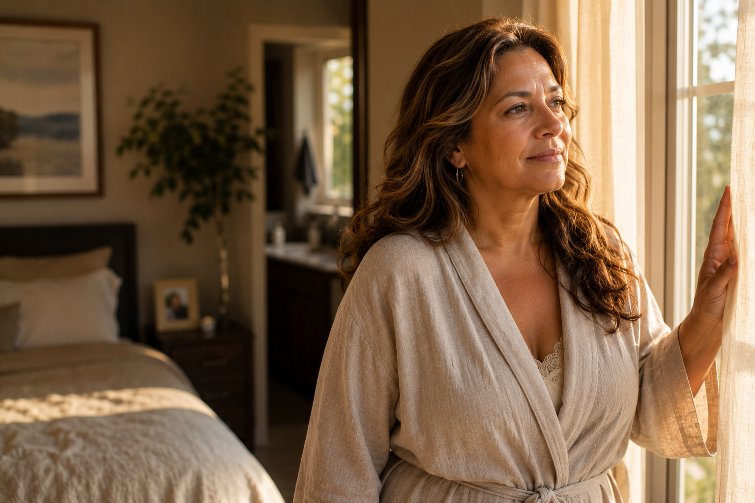 A Latina woman in her early 50s in warm morning window light, calm and self-possessed