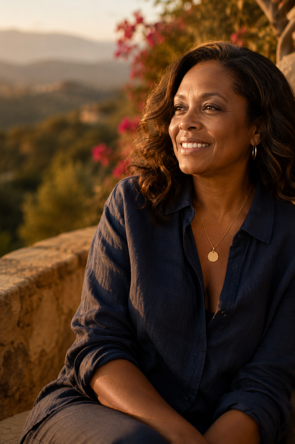 A Black woman in her early 50s, at ease and smiling in golden-hour light on a terrace