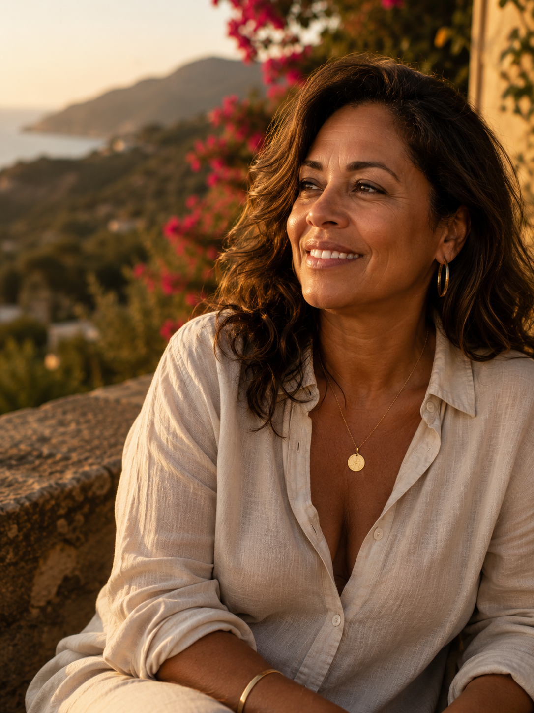 A woman 45–55 in golden-hour light, mid-stride and at ease, strength and vitality, never a before-and-after
