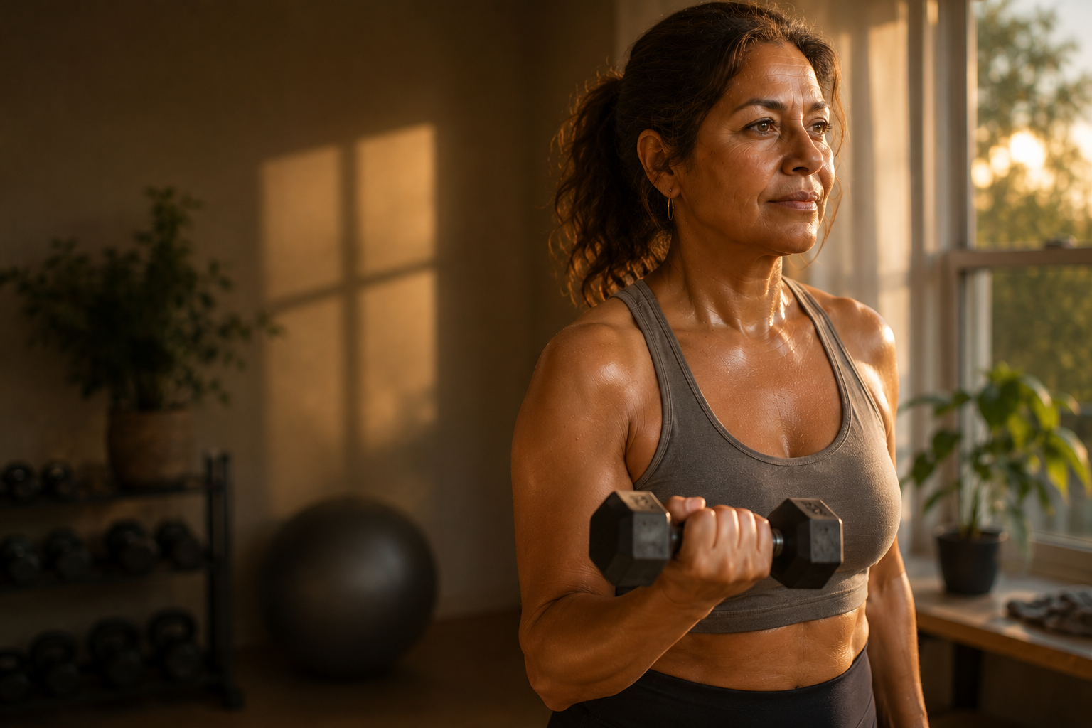 A Latina woman in her early 50s strength-training with a dumbbell in warm golden light