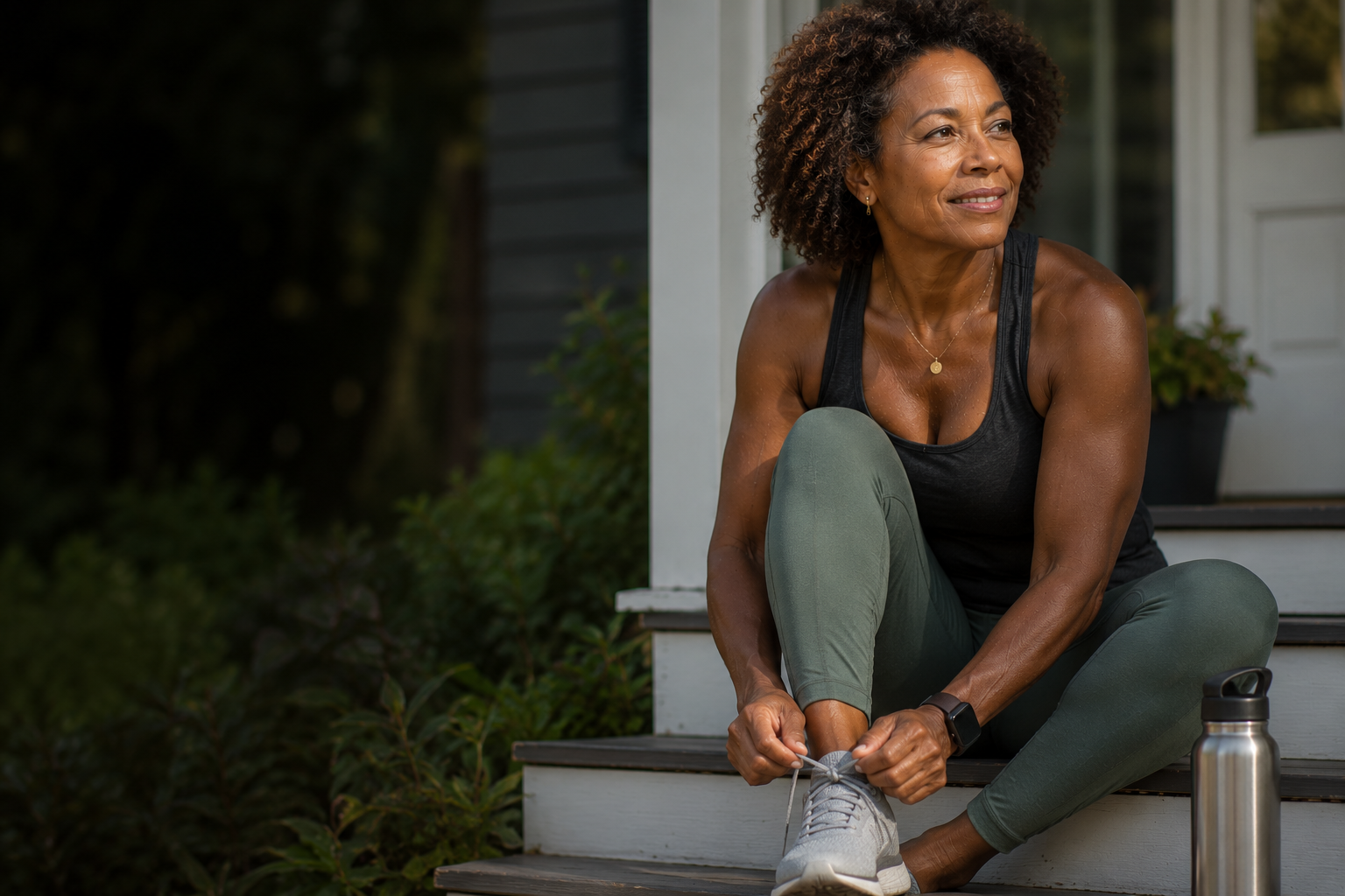 A resolved, steady woman in her early 50s in warm light, composed and in control