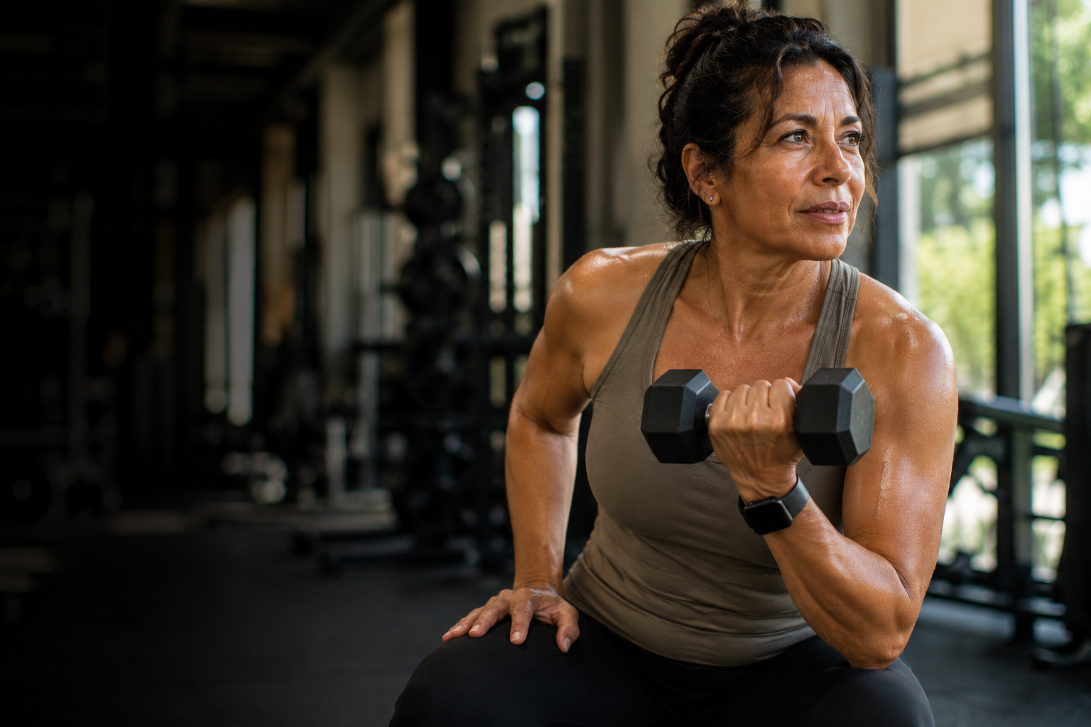 A woman in her early 50s strength-training in warm golden light, capable and focused