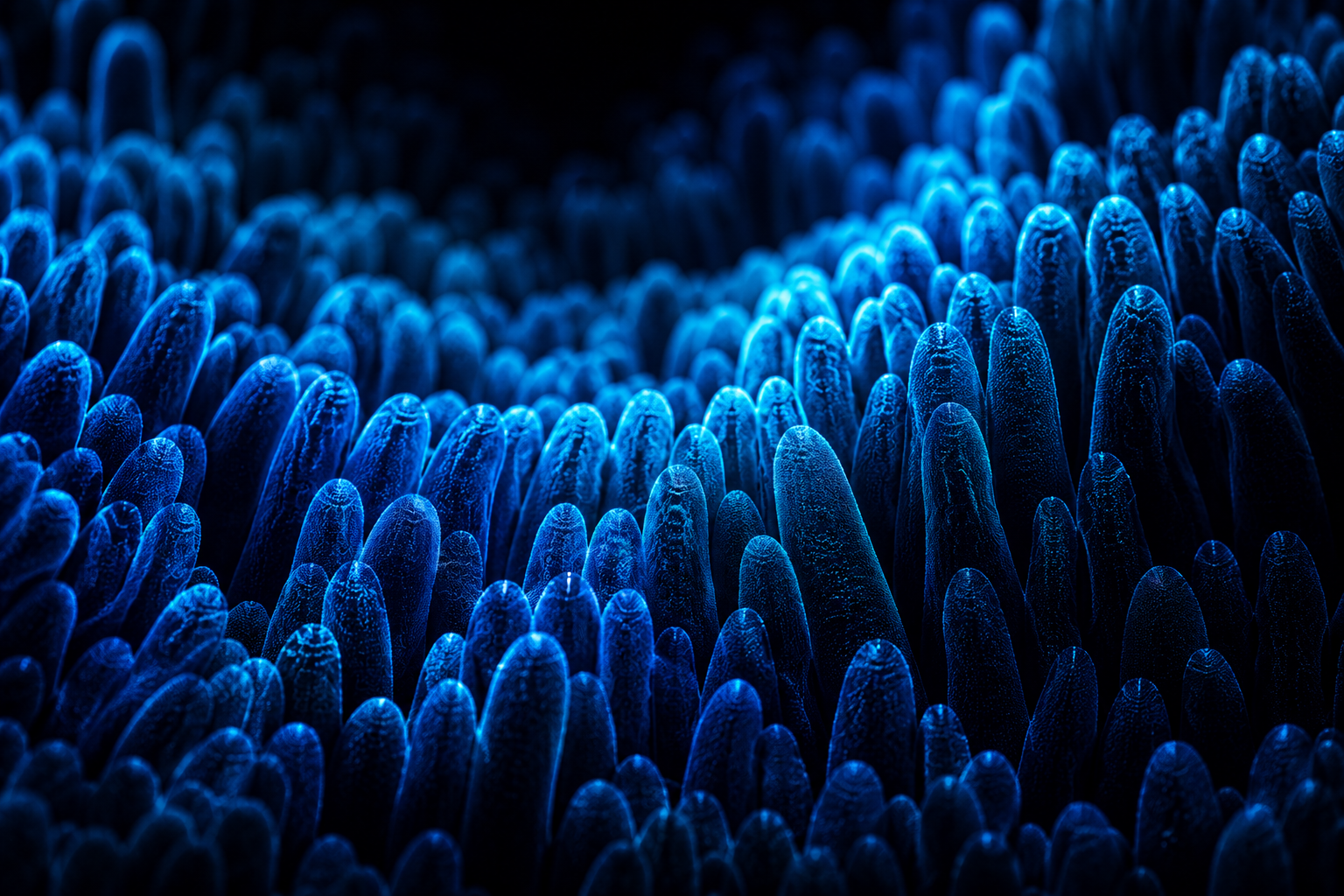 Macro photograph of intestinal villi, lit electric blue on black, the gut-lining science register