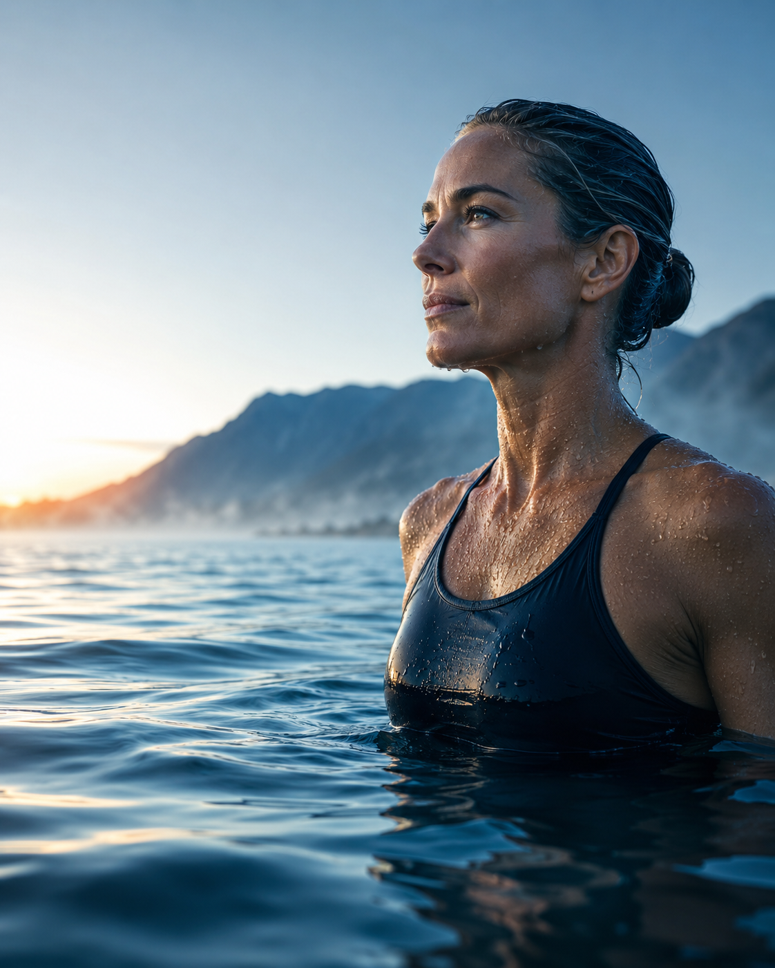 A focused active adult in cool blue-hour light, a calm, composed recovery moment