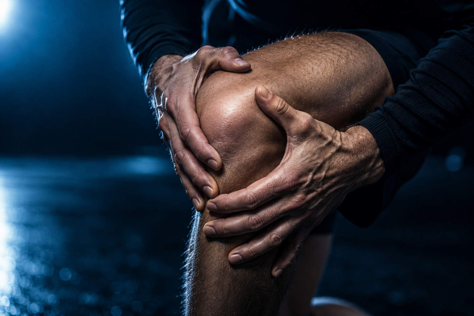 Macro photograph of hands clutching a knee joint, lit electric blue on black, the recovery register