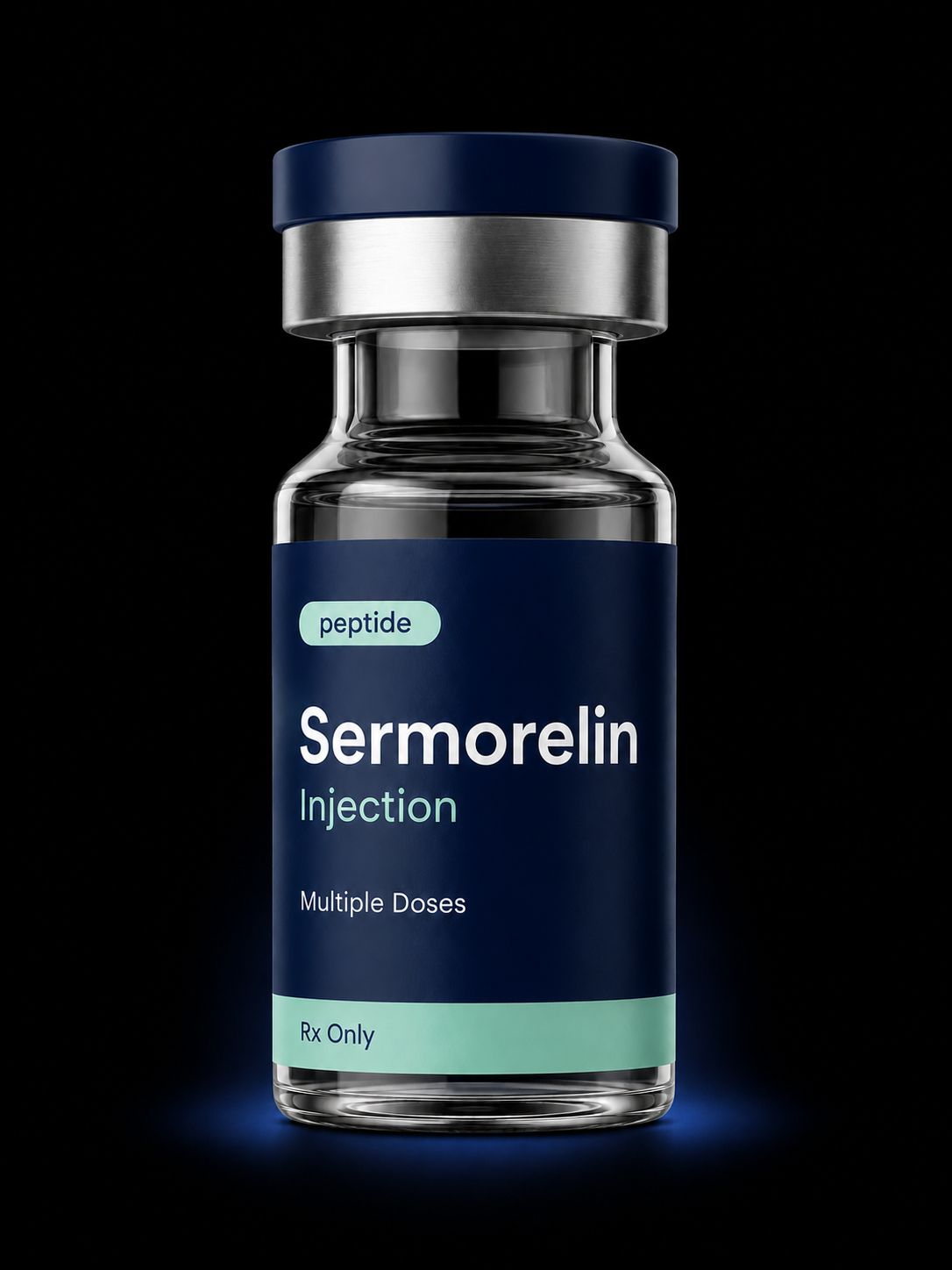 A Sermorelin injection vial, multiple doses, Rx only, lit with a blue glow on black