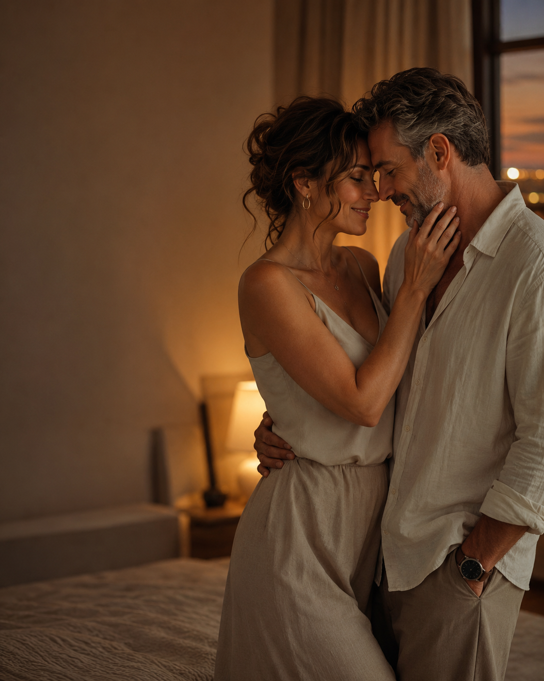 A couple at ease together in warm evening light, confident and unforced, not clinical