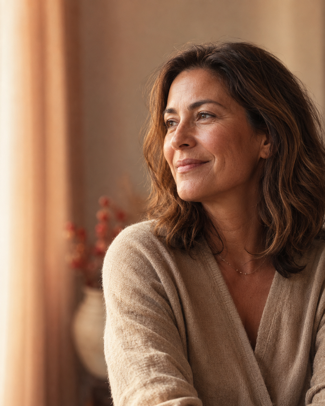 A woman 45 to 55 in golden-hour light, assured and at ease, longevity built around her